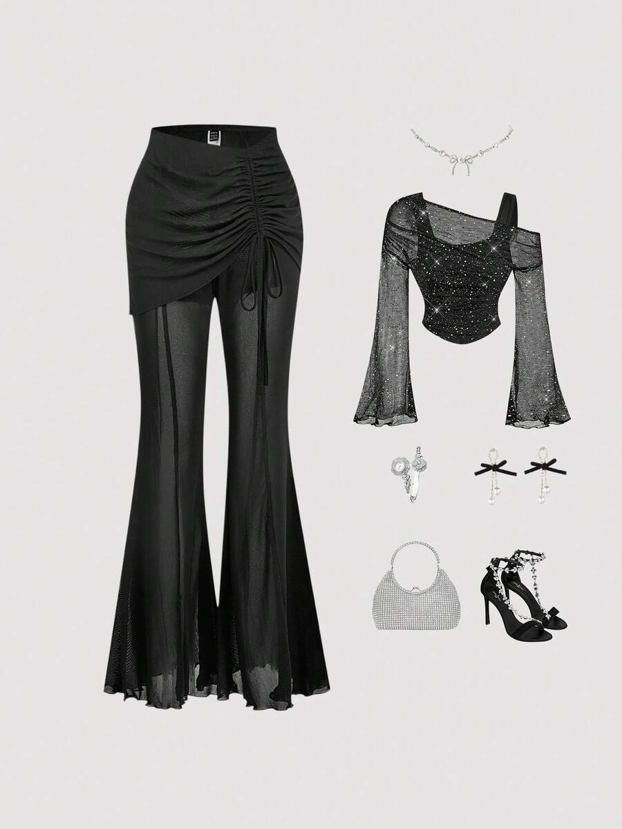 SHEIN MOD 女士优雅纯色透视哥特风黑色喇叭裤，适合秋冬季、感恩节、圣诞节、新年、派对等场合 - 黑色 - 查看 1