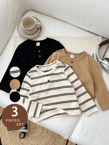 SHEIN LMoss Kids LMoss 3pcs/Set Young Boy Solid Color Striped Crew Neck Casual T-Shirts,Set,Long Sleeve For Autumn Boys,Tops,Basic Fitted Cozy Fall&Winter Styles - Multicolor - View 7