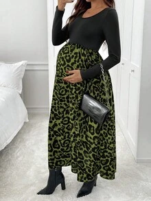SHEIN Leopard Print Casual Minimalist Maternity Dress For Daily Wear Long Skirt With Slit Cheetah Print Outfit Women Animal Print Outfit Midi Skirt - Green - View 6