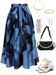Franclia Váy maxi cỡ lớn dành cho nữ, in họa tiết toàn thân, thắt dây phía trước. - Màu xanh hải quân - Xem 3