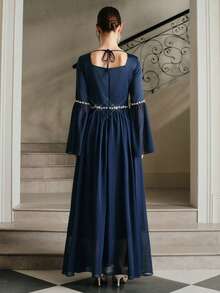 Anewsta Women's New Long Sleeve Flare Sleeve Long A-Line Pleated Dress, Elegant Beaded Collar Chiffon Dress, Navy Blue & Dark Blue - Royal Blue - View 2