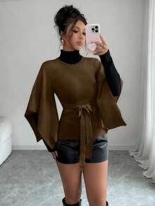 Elenzga Women's Elegant Solid Color Round Neck Belted Sweater - Chocolate Brown - View 6