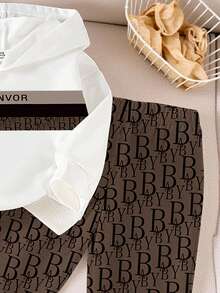 SHEIN 1 套男婴休闲时尚字母印花连帽运动衫和字母全印花运动裤套装，舒适日常穿着，秋冬 - 彩色 - 查看 4