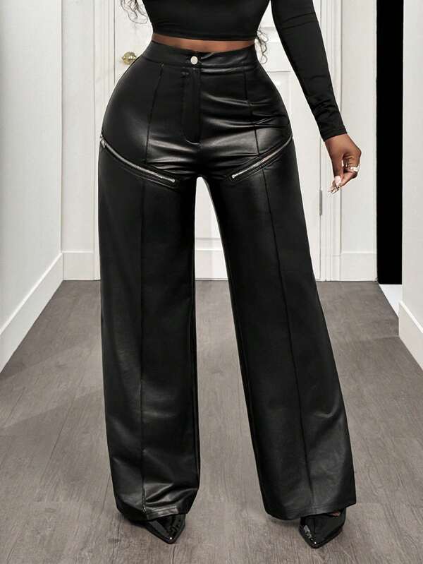 BamGleam Women's Punk Coated Wide Leg Loose Fashion Pants