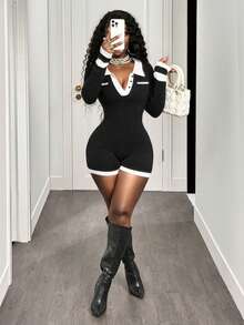 BamGleam 女式新款黑白领长袖休闲针织连体裤 - 黑與白 - 查看 1