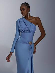 Elitara Elegant, Romantic, Fashionable, Slate Blue, Stretchy Knit Fabric, Asymmetric-Shoulder Long Sleeve, Metal Decor, Fishtail Hem, Trailing, Influencer, Holiday, Vacation, Birthday Party, Wedding Event, Bridesmaid Dress - Blue - View 3