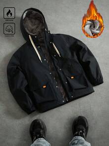 Manfinity Roghcode Men's Solid Color Hooded Front Button Long Sleeve Thermal Lined Winter Coat - Black - View 3