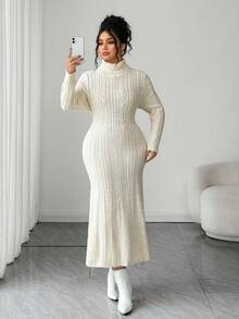Elenzga Plus Size Fitted Elegant Sophisticated Turtleneck Sweater Dress Elegant Sweater Fall/Winter - Beige - View 4