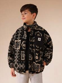 SUMWON Tween Boys Paisley Borg Zip Up Jacket Sherpa Fleece Winter Outerwear - Black - View 5
