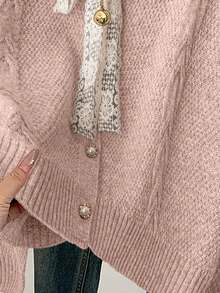 SHEIN Clasi كارديجان كنزة صوفية نسائية كاجوال بياقة طاقم وأربطة أمامية - وردي مغبر - مشاهدة 5