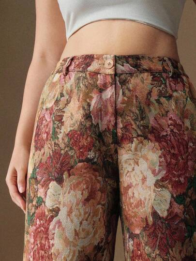 Anewsta Valentine Plus Size Women Vintage Elegant Slimming Jacquard Pattern Dress Pants, Suitable For Fall, Winter, New Year, Elegant, Chic, Stylish, Christmas, Going Out