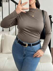 SHEIN Frenchy 大码立领褶饰修身 T 恤 - 摩卡棕 - 查看 3