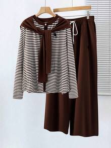 Elenzga Women's Striped Patchwork Solid Color Embroidered Decor Long Sleeve Casual Suit - Multicolor - View 3
