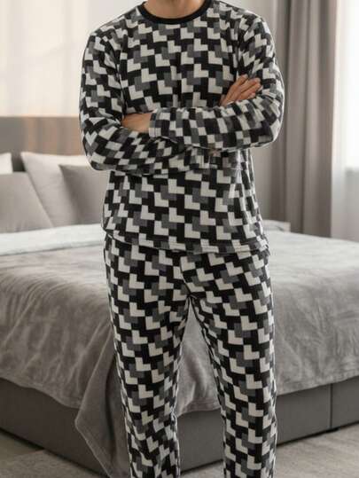 Conjunto pijama para hombre pantalón y playera manga larga diseño figuras blanco y negro