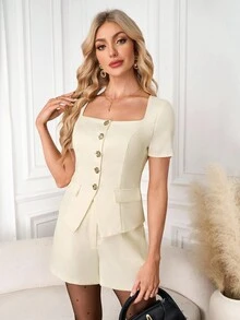 SHEIN Clasi 女款米色夏季優雅辦公商務襯衫，經典金屬扣飾內襯，高品質通勤基礎休閒女式襯衫，百搭女士感恩節穿搭 - 杏色 - 查看 6