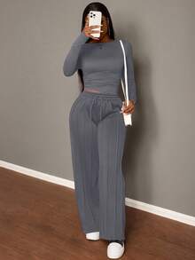 Slaydiva 大码女式纯色褶皱长袖T恤和抽绳阔腿休闲裤两件套，秋冬休闲两件套，长袖两件套，灰色两件套，裤子两件套，舒适两件套 - 淺灰色 - 查看 5