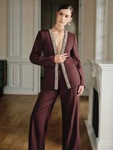 Anewsta 优雅女士套装，饰有水钻链条，长袖开襟西装外套搭配休闲飘逸西装裤，适合秋季、冬季、新年、正式场合，时尚别致。 - 棕色 - 查看 6