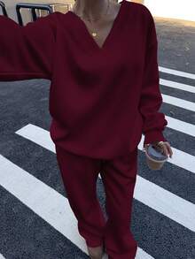 Muchica 2pcs/Set Women's Burgundy V-Neck Oversized Fluffy Fleece Elastic Loose Sweatshirt And Sweatpants, Casual Autumn/Winter Christmas - Red Violet - View 6