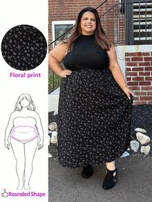 Enliva Jennifer_samantha_style Plus High Waist Ditsy Floral Skirt, For Apple Rounded Body Shape, For Body Shape, For Summer - Black - View 1