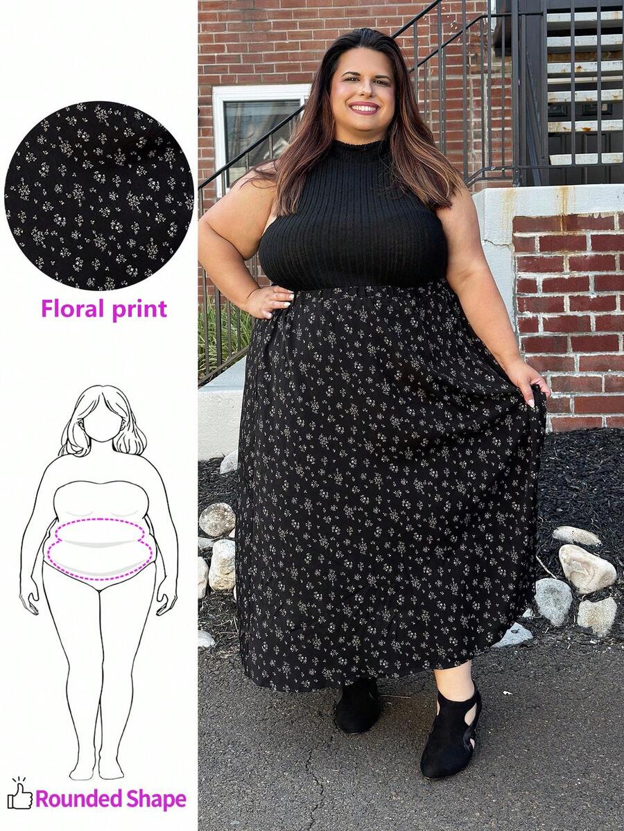 Enliva Jennifer_samantha_style Plus High Waist Ditsy Floral Skirt, For Apple Rounded Body Shape, For Body Shape, For Summer - Black - View 1