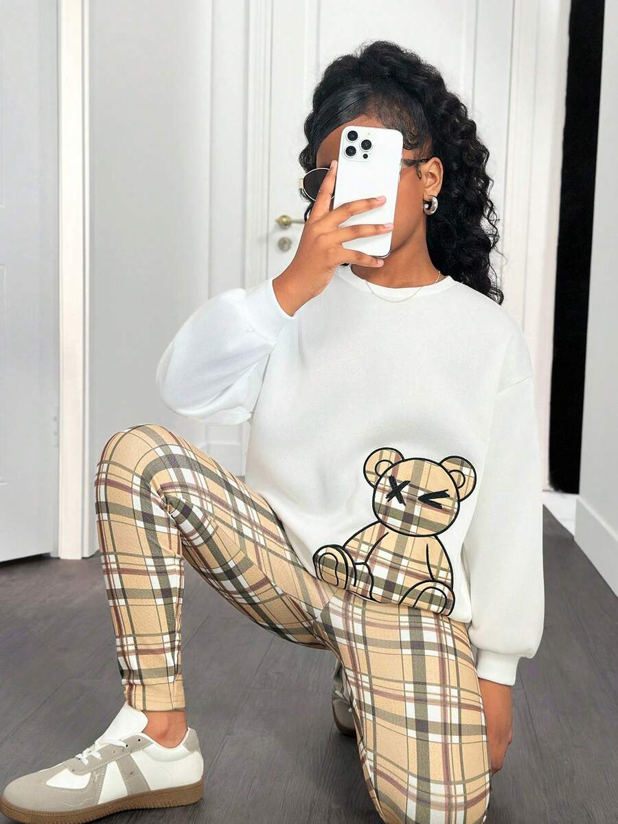 SHEIN Bộ quần legging ôm dáng họa tiết gấu bông thêu họa tiết gấu bông thể thao đơn giản dành cho bé gái tuổi teen - trắng - Xem 1