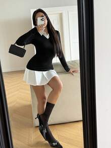 INAWLY Women's Collegiate Intellectual Commuter Sexy Shirt Splicing Contrast Color Mini Dress - Black - View 6