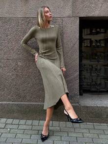 Pariaura Women's Solid Color Metal Decor Round Neck Long Sleeve Ribbed Casual Dress, Autumn - Army Green - View 4