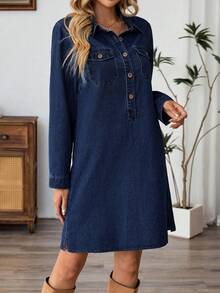 EMERY ROSE Robe en jean décontractée à manches longues, épaules dénudées, coupe ample et demi-patte pour femmes, couleur unie