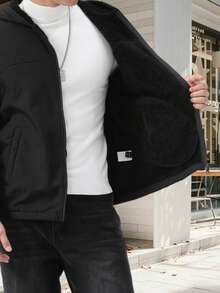 EGENSIO 男士保暖内衬纯色保暖内衬连帽休闲长袖外套，百搭 - 黑色 - 查看 6