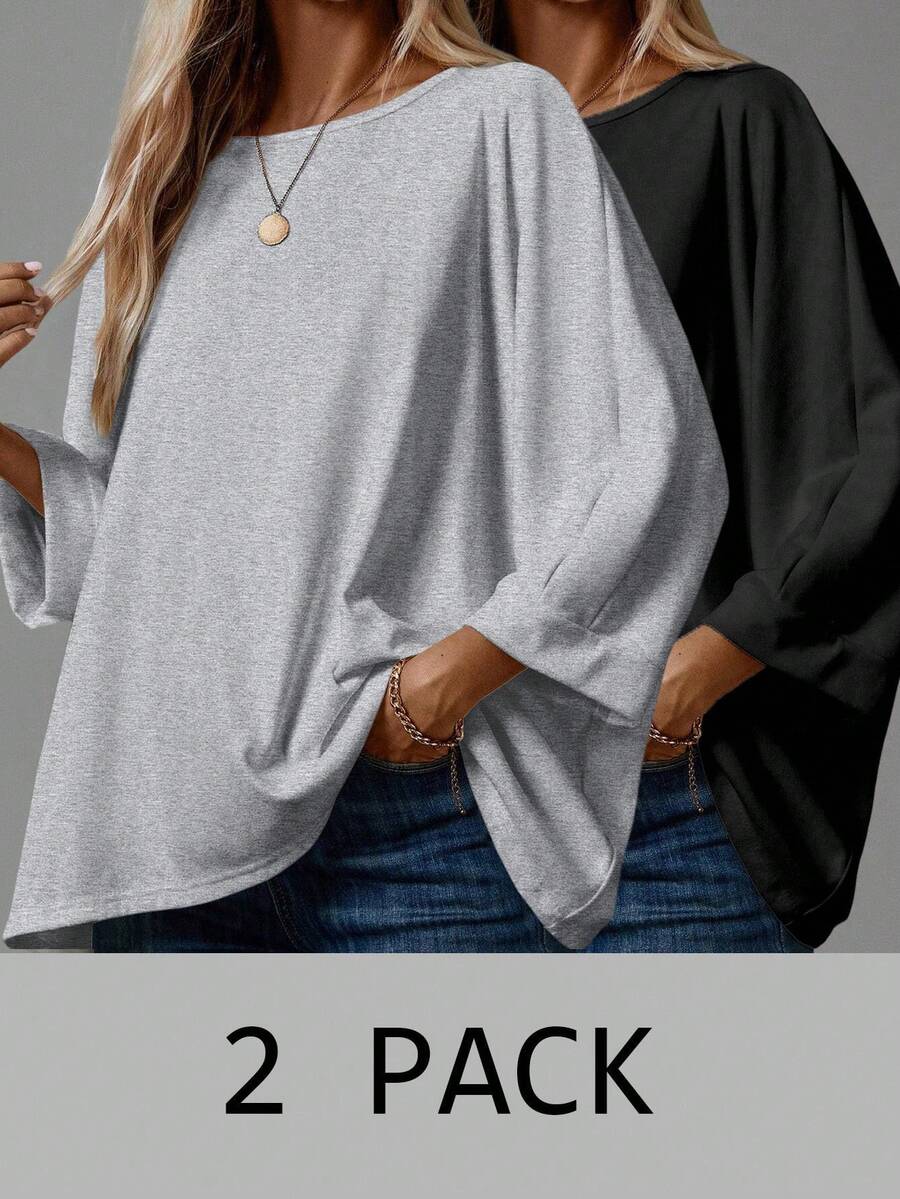 EMERY ROSE 休闲简约基础款女式T恤，适合秋冬季节，长袖上衣，宽松版型，女式衬衫两件装，大码上衣，休闲百搭 - 彩色 - 查看 1