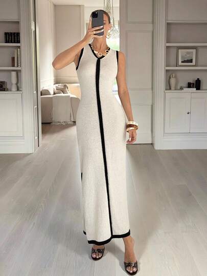 Siren Gaze New Autumn/Winter Color Block Knitted Dress For Women,Women's Elegant Contrast Color Woolen Slim Dress