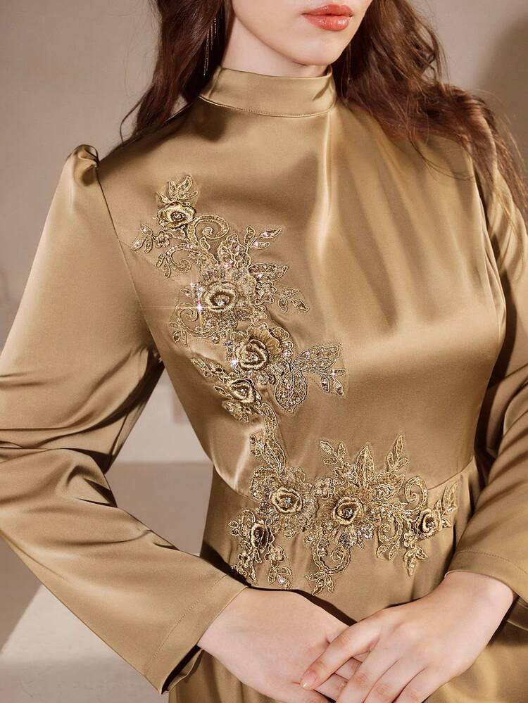 Robe élégante à fleurs brodées pour femmes grandes tailles, convient pour les mariages et les occasions formelles en automne/hiver