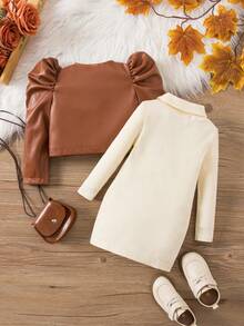 SHEIN Baby Girl Cute Brown Knitted Long Sleeve Dress & Jacket Set, Autumn/Winter - Multicolor - View 12