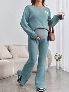 SHEIN 孕妇字母贴片落肩T恤和喇叭裤两件套 - 藍色 - 查看 6