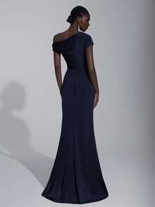 Elitara Elegant Luxurious Satin Ruched Off-Shoulder Mermaid Dress, Suitable For Weddings, Parties, Vacations, Galas, Bridesmaid Dresses - Navy Blue - View 2