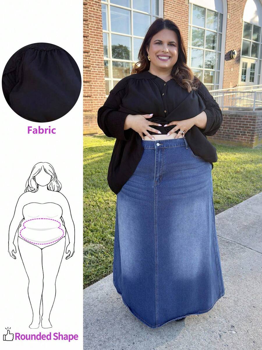 Enliva Jennifer_samantha_style Plus Size Casual Denim Maxi Skirt, & Suitable For Summer, Curve Plus, Boho Vacation, For Apple Rounded Body Shape - Blue - View 1