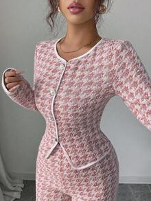 Elenzga 2pcs/Set Korean Style Argyle Jacquard Splice Elegant Casual Versatile Round Neck Long Sleeve T-Shirt + Straight Leg Pants, Back To School Season, Spring/Autumn - Burgundy - View 6