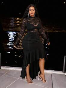 Veslaya Vestido ajustado de manga larga, transparente y con encaje en negro, con bajo de sirena elástico, ideal para fiesta, club, baile de graduación, reunión o cita. Nuevo lanzamiento de otoño/invierno 2025 para mujer de talla grande - Negro - Ver 5