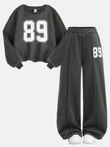 SHEIN Girlism Tween Girls Casual School Street Fashion Letter & Number Graphic Crew Neck Sweatshirt And Pleated Wide Leg Straight Pants Knit Tracksuit Back To School Outfit 90s Kids Outfit Outfit Set 90s Clothes Girls Outfit Sets Baggy - Dark Grey - View 12