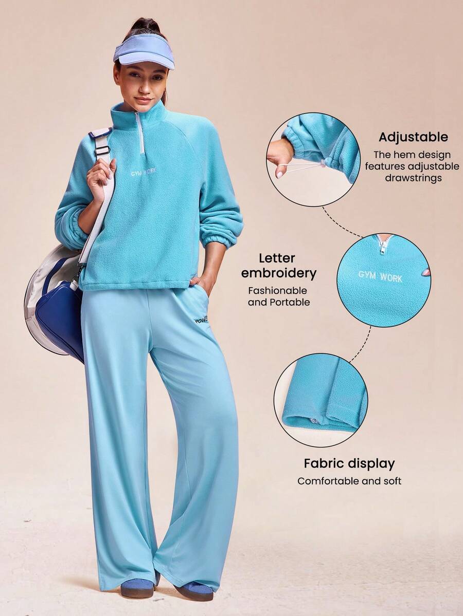 Core Rhythm Women's Letter Embroidered Raglan Sleeve Zipper Half Placket Fleece Sweatshirt Blue Set Baby Blue Set Sweatsuits Sets For Women Blue Activewear Track Suits For Women Light Blue Set