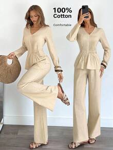 Siren Gaze Damen Einfarbig 2-teiliges Set - plissierte Bluse und gerade geschnittene Hose, baumwolliger Lässig-Outfit für Herbst/Winter - Aprikosenfarben - Übersicht 5