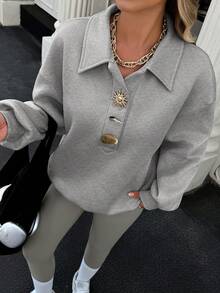 Women's Casual Metal Button Dropped Shoulder Loose Sweatshirt, Autumn - Grey - View 4
