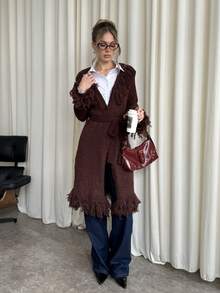 SHEIN BAE Women's Casual Commuter Fringe Tie Waist Cardigan Autumn Winter - Coffee Brown - View 3