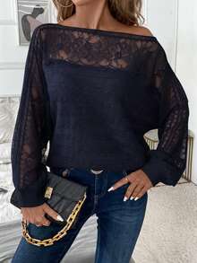 Reflora Women's Lace Trim Patchwork Pullover Sweater/Winter Fall - Navy Blue - View 1