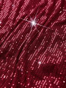 Viva Relle Plus Size Women Solid Color Sequin Contrast Mesh Ruffle Hem Slip Dress - Burgundy - View 6