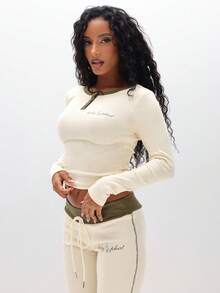 BABYPHAT Ribbed Henley Top With Contrast Trim Button Front Long Sleeve Fall Winter Casual - Apricot - View 5