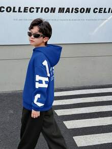 SHEIN 青少年男孩休闲韩版宽松大号字母图案连帽衫和松紧腰裤套装，适合秋季/春季、户外玩耍、学校、街头风格、派对和休闲 - 寶藍色 - 查看 5