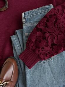 Elaquor Suéter de talla grande casual y elegante, versátil, con parches de malla, para otoño/invierno - Burdeos - Ver 4