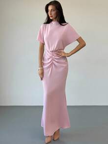 Aloruh 女式新款简约时尚轻盈鸡尾酒会百搭蝙蝠袖修身超长褶饰美人鱼长裙 - 粉色 - 查看 1