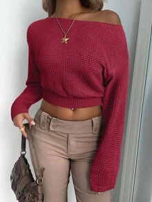 Aloruh Off Street Casual Asymmetrical Sloping Shoulder Simple And Versatile Striped Long Sleeved Mesh T-Shirt - Burgundy - View 7